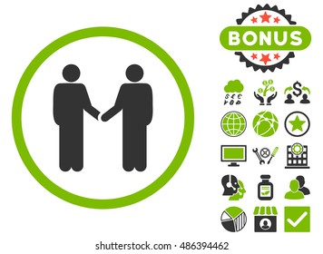 Handshake icon with bonus pictures. Vector illustration style is flat iconic bicolor symbols, eco green and gray colors, white background.