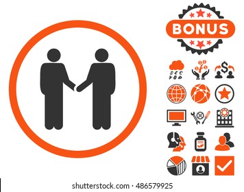 Handshake icon with bonus symbols. Vector illustration style is flat iconic bicolor symbols, orange and gray colors, white background.