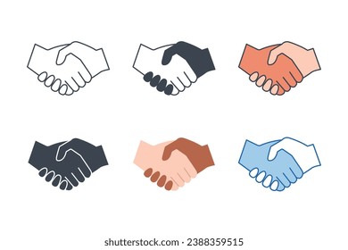 Handshake-Symbol-Sammlung mit verschiedenen Stilen. Kontraktvertrag Symbol, Vektorgrafik einzeln auf weißem Hintergrund