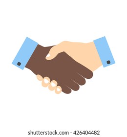 Handshake icon colored without strokes. Hand gesture used as a greeting. In business used for the deal or agreement to become binding. Friendship between races. Hands with different skin colors.