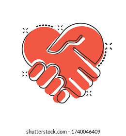 Handshake icon in comic style. Partnership deal cartoon vector illustration on white isolated background. Agreement splash effect business concept.