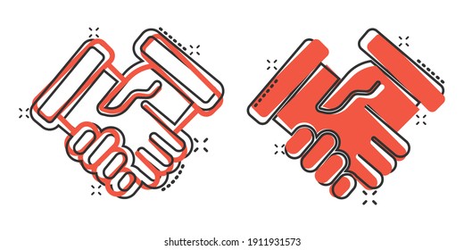 Handshake icon in comic style. Partnership deal cartoon vector illustration on white isolated background. Agreement splash effect business concept.