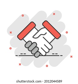Handshake icon in comic style. Partnership deal cartoon vector illustration on white isolated background. Agreement splash effect business concept.