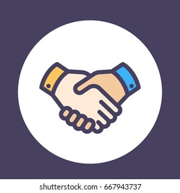 handshake icon, deal, partnership, agreement, shaking hands pictogram in flat style with outline on white