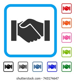 Handshake icon. Flat grey pictogram symbol inside a light blue rounded squared frame. Black, gray, green, blue, red, orange color additional versions of Handshake vector.