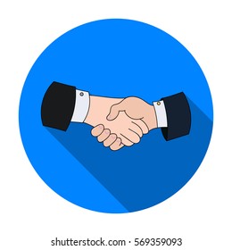 Handshake icon in flat style isolated on white background. Conference and negetiations symbol stock vector illustration.