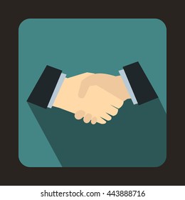 Handshake icon in flat style on a bluegreen background