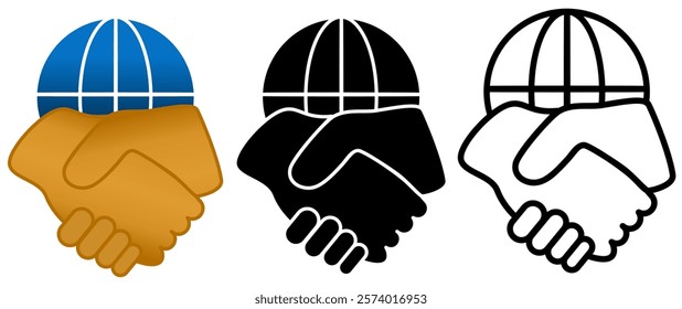 handshake icon with globe, simple flat style, logo sign symbol vector illustration pictogram, isolated on white for mobile app