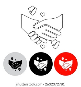 handshake icon has a heart and protection sign, line icon, black, dark white color using black, dark white and red buttons