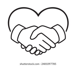 Handshake Icon with Heart Outline in Black, vector illustration isolated on white background, eps