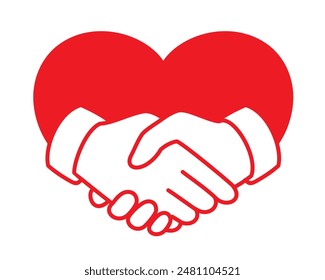 Handshake Icon mit Herz in Vollfarbe Rot und Weiß, Vektorillustration isoliert auf weißem Hintergrund, eps