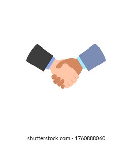 Handshake icon isolated on white. Deal agreement partnership symbol. White, black men shaking hands. Business partners greeting. Hand shake logo people friendship sign. Vector flat style illustration.