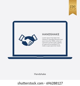 Handshake Icon and Laptop Symbol. Flat Isolated Vector Graphic