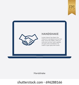 Handshake Icon and Laptop Symbol. Flat Isolated 