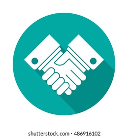 Handshake icon with long shadow. Flat design style. Round icon. Handshake silhouette. Simple circle icon. Modern flat icon in stylish colors. Web site page and mobile app design vector element.