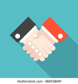 Handshake icon with long shadow. Flat design style. Business handshake silhouette. Simple icon. Modern flat icon in stylish colors. Web site page and mobile app design vector element.