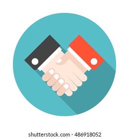 Handshake icon with long shadow. Flat design style. Round icon. Handshake silhouette. Simple circle icon. Modern flat icon in stylish colors. Web site page and mobile app design vector element.