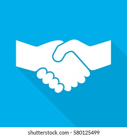 Handshake icon with long shadow on blue background. Vector illustration.