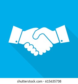 Handshake icon with long shadow on blue background. Vector illustration.
