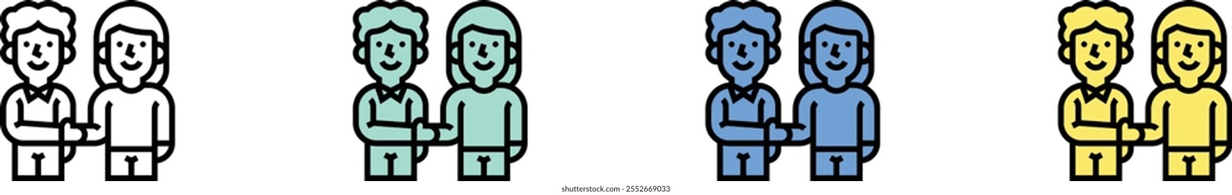 handshake icon. Outline, Green, Blue and Yellow Style Design Isolated On White Background