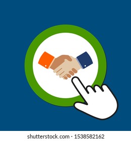 Handshake icon. Partnership concept. Hand Mouse Cursor Clicks the Button. Pointer Push Press