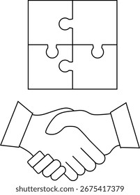 handshake icon and puzzle icon with white background.with black lines