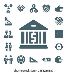 handshake icon set. 17 filled handshake icons.  Collection Of - Friends, Set square, Bank, Partners, Handshake, Office, Friendship, Cooperation, Help, Organization, Shake hands