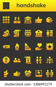 handshake icon set. 26 filled handshake icons.  Collection Of - Friends, Office, Bank, Hand, Business, Agreement, People, Friend, Set square, Help, Partners, Value, Shake hands