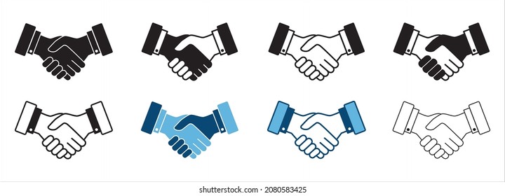 Handshake icon set. Business agreement vector icons. Symbol of job deal, mutual relationship, cooperation, partnership, professionalism, greeting, welcome and friendly.