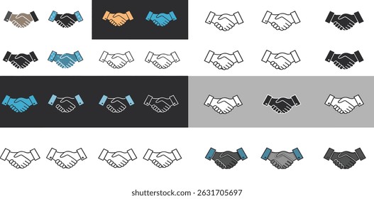 Ícone de aperto de mão definido. Handshake de contrato comercial. símbolo de handshake amigável. símbolo de negócio de parceria para aplicativos, interface do usuário, site, ilustração vetorial