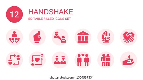 handshake icon set. Collection of 12 filled handshake icons included Leader, Hand, Friendship, Bank, Friends, Handshake
