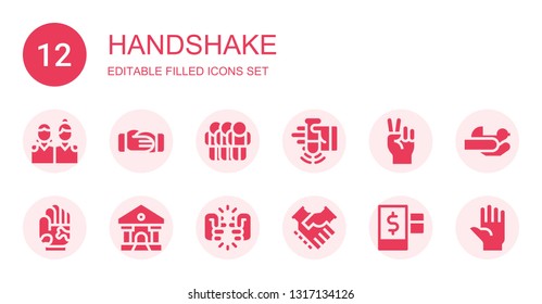 handshake icon set. Collection of 12 filled handshake icons included Friends, Handshake, Friendship, Shake, Hand, Bank, Greeting, Credit, Hands