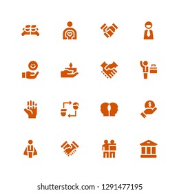 handshake icon set. Collection of 16 filled handshake icons included Bank, Friendship, Handshake, Businessman, Finance, Relationship, Hand, Friend, Friends