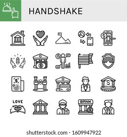 handshake icon set. Collection of Hand, Bank, Pride, Mission, Communication, Auction, Hands, Hr, Business, Agreement, Businessman, Broker icons