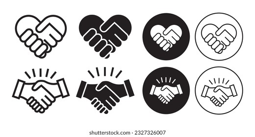 Handshake Icon set collection. Sign and symbol of business gesture of collaboration. Helping hands black and white logo. agreement, respect, friendship, love, help, Trust, support web app ui icon. 