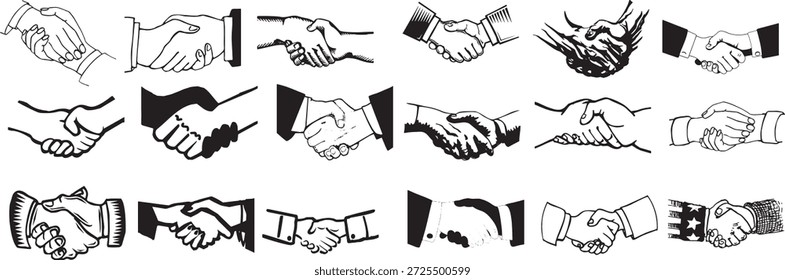 Ícone de aperto de mão definido isolado no fundo branco. Mãos humanas saudação, acordo, parceria e gestos de cooperação em linha e estilos de silhueta. Símbolos de negócios, trabalho em equipe e confiança para web, IU e design gráfico.