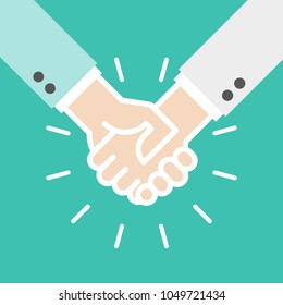 Handshake icon. Shaking hands with abstract rays. Success business concept. Vector illustration, flat design