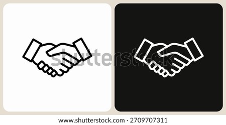Handshake icon in simple outline style, shown in black on white and white on dark.
