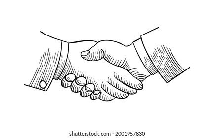 Handshake icon in sketchy doodle style. Vintage art on white background. Vector illustration.