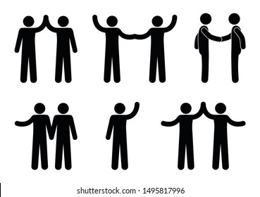 handshake icon, stick figure man, people hold hands, human silhouette, stickman pictogram