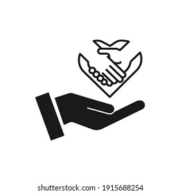 Icono de apretón de manos - Dos manos juntas. Ilustración vectorial del símbolo del corazón. Ilustración vectorial aislada en un fondo en blanco que se puede editar y reemplazar por color.