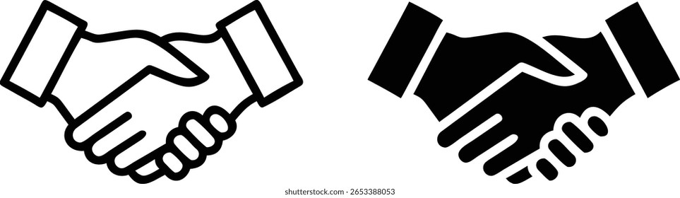 Vetor de ícone de handshake em contorno preto e branco e estilo sólido para acordo ou conceito de parceria