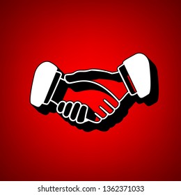 Handshake icon. Vector. Perspective view of white icon with black outline at reddish background.