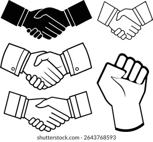 Handshake Icon Vector , silhouette , liner Set. Business Agreement , Partnership Symbol Silhouettes, 