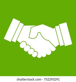 Handshake icon white isolated on green background. Vector illustration