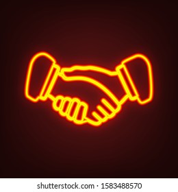 Handshake icon. Yellow, orange, red neon icon at dark reddish background. Illumination. Illustration.