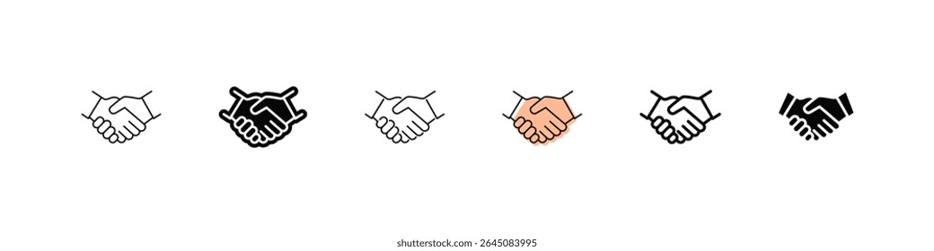 Iconos de apretón de manos en estilos de Vector plano y de contorno. Símbolos de negocios y Acuerdo