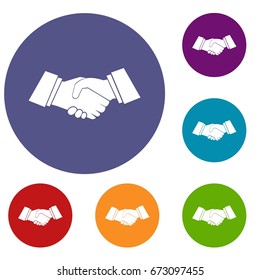 Handshake icons set in flat circle reb, blue and green color for web