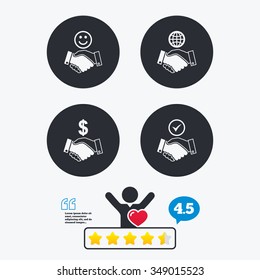 Handshake icons. World, Smile happy face and house building symbol. Dollar cash money. Amicable agreement. Star vote ranking. Client like and think bubble. Quotes with message.