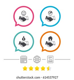 Handshake icons. World, Smile happy face and house building symbol. Dollar cash money bag. Amicable agreement. Calendar, internet globe and report linear icons. Star vote ranking. Vector
